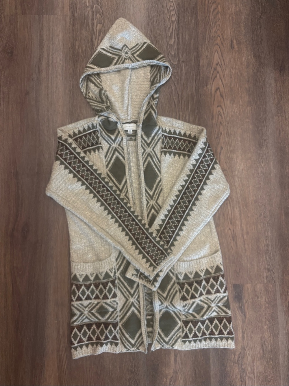 Lucky Brand Women's Hooded Knit Cardigan Sweater Geometric S/P Beige Green